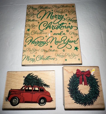 Lote De 3 Estampillas Madera Goma Palabras Feliz Navidad Corona Coche con Árbol Marca Mixta Foto 1 de 3