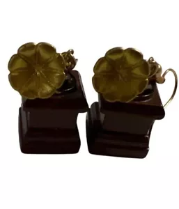 Miniature Gramophone Earrings Brown & Gold Hook Style Handmade Unique Design - Picture 1 of 6
