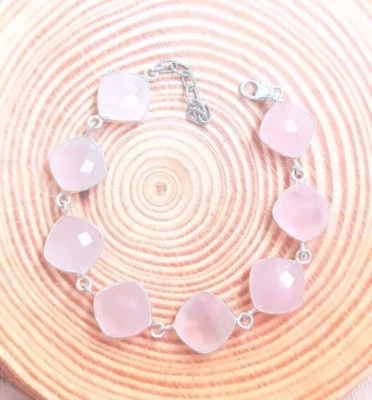 Bracciale in argento sterling 925 con pietra preziosa di quarzo rosa... - Immagine 1 di 4