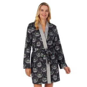 NWT Womens Baby Yoda Robe Pajamas Cover Pants Star Wars Grogu Bathrobe S M Black - Picture 1 of 4
