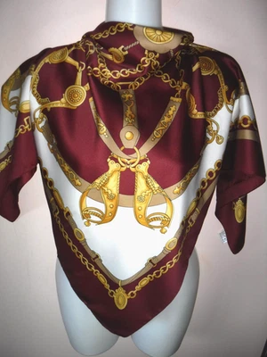 KATHIE LEE EQUESTRIAN SCARF Maroon Burgundy Gold Chains Stirrups Medallions 34" - Image 1 of 4