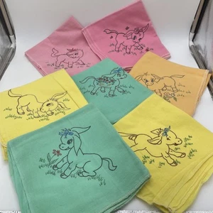 Vintage 7 strofinacci da tè asini muli dipinti contorni transfer multicolore LEGGI - Foto 1 di 9