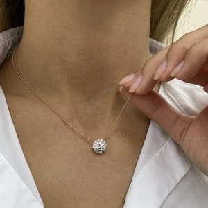 Diamond Pendant Halo Necklace F VS1 Round 1.55 Carat Lab Created 14K Rose Gold - Picture 1 of 10