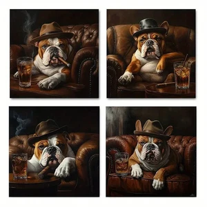 4pcs Bulldog with Cigar Wall Art Canvas Unframed/Framed - Picture 1 of 6