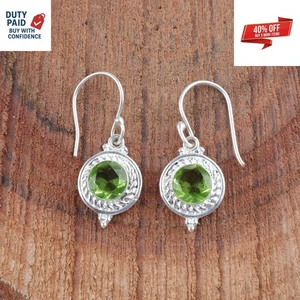 Black Friday Deal 925 Sterling Silver Round Natural Peridot Fine Dangle Earrings - Picture 1 of 9