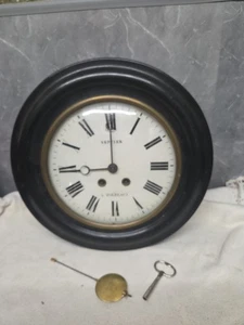 Rare Antique Victorian French Wall Clock Glass & Enamel Face Pendulum and Key - Picture 1 of 18