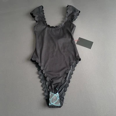 South Beach Ladies Swimsuit Black Ribbed Scalloped Edge High Cut Leg UK 6 NEW - Image 1 of 4