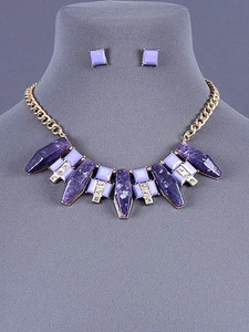 Fashion Gold Tone Rhinestone Bib Chain Purple Necklace Dangle Earrings Women Set - Picture 1 of 1