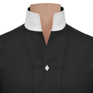 Camisa de algodón negra con cuello abierto y cuello alto sin botones puño blanco - Imagen 1 de 6