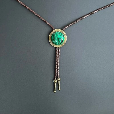 Round Natural Malachite Stone Bronze Base Mens Bolo Tie Western Wedding Necklace - Image 1 of 4