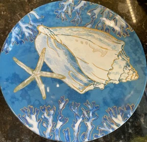 New 4 BLUE Seashell 10.5" Dinner Plates Starfish Sand Dollar Conch Clam Nautilus - Picture 1 of 5