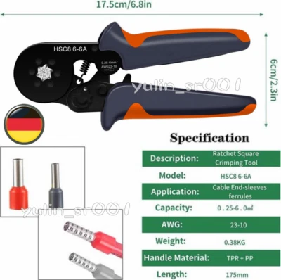 HSC8 6-6A Crimpzange Aderendhülsen Zange Stiftkabelschuhe Kabelschuhe 0.25-6mm²