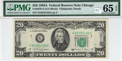 $20 1988A FRN Fr# 2076-G GA Block PMG Gem UNC 65 EPQ Chicago Villalpando Brady - Image 1 of 2