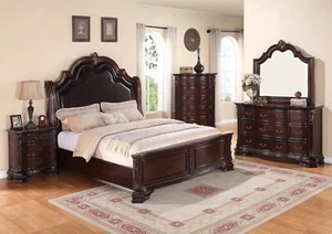 Classic Vintage Style Formal 5pc King Size Bedroom Set Rich Brown Faux Leather - Picture 1 of 8