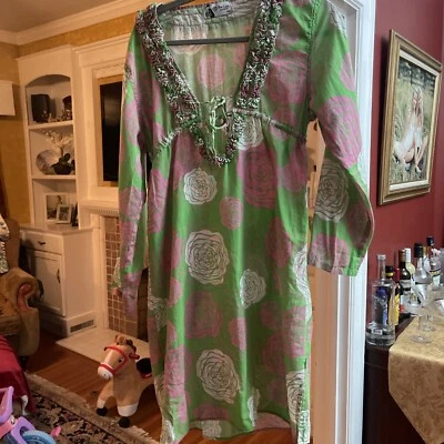 MUD PIE Bag Lady Boho Cover Up Women's Sz SM/Med Swim Cover-Up Dress Pink Green - Image 1 of 4