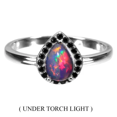 Anello In Argento Sterling 925 Con Opale Pera Nero Spinello 7x5mm Misura 8 - Immagine 1 di 4