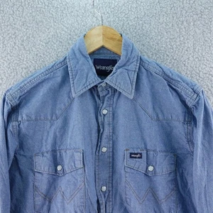 Camisa vaquera vintage Wrangler Western para hombre M manga larga perla bolsillos a presión azul - Imagen 1 de 7