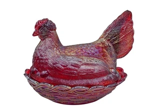 Vintage Fenton Ruby Red Carnival Glass Hen on A Nest Candy Dish Split Tail 7" - Picture 1 of 9