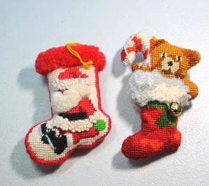 VTG Needlepoint Handmade Santa bear stocking Ornaments plush puffy A - Picture 1 of 11