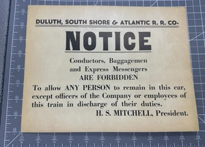 Duluth, South Shore, & Atlantic Railroad Co. NOTICE Sign 8.5" x 11" - Picture 1 of 6