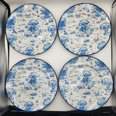 Vintage Disney Winnie the Pooh Blue Toile Stoneware Dinner Plates Set of 4 NEW - Image 1 of 4