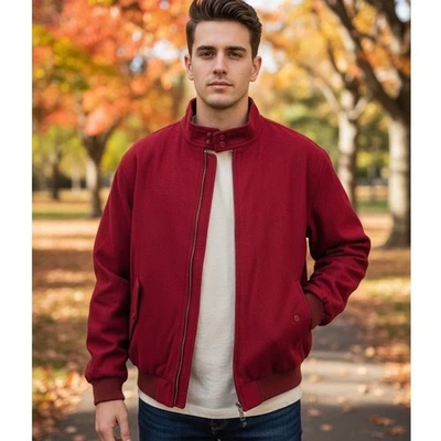 IZOD Bomber Jacket Mens Size Large Red Plaid Lined Full Zip Wool Blend Outerwear - Image 1 of 4