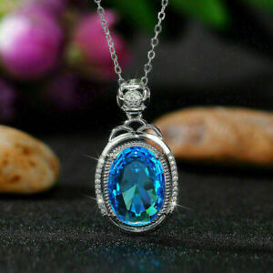 3Ct Oval Simulated Blue Topaz Diamond Pendant 14K White Gold Over Free 18' Chain