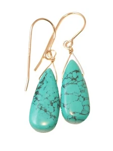 14k Gold Blue Green Turquoise Earrings Large Long Smooth Teardrops Sterling Drop - Picture 1 of 4