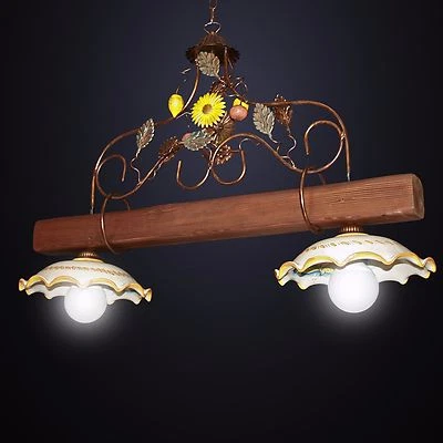 BILANCIERE lampadario RUSTICO ferro battuto CERAMICA LEGNO MOD. GIRASOLE 2 luci - Image 1 of 3