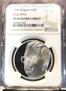 1996 BELGIUM SILVER 20 EURO KING ALBERT NGC PF 69 ULTRA CAMEO SCARCE TOP POP - Picture 1 of 3