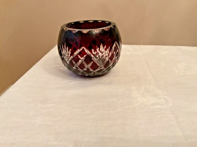 Vintage Ruby red glass cut to clear vase  orb shape 4" tall Germany - Image 1 of 4