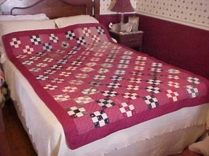 VINTAGE HAND PIECED QUILT, MAROON NINE PATCH,  circa 1900 - Picture 1 of 8