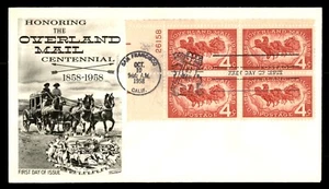 MayfairStamps US FDC 1958 California Plate Block Overland Mail Centennial Fleetw - Picture 1 of 2