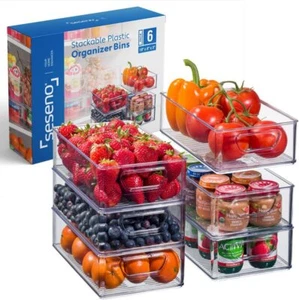 Set Of 6 Refrigerator Organizer Bins - Stackable Fridge Organizers with Cutout - Picture 1 of 4