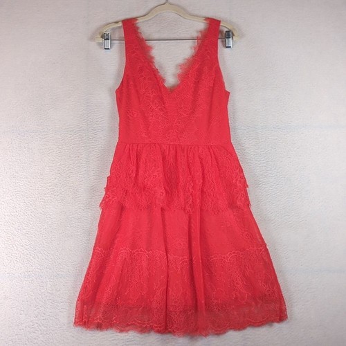 Abito donna BCBG rosso vibrante pizzo a strati senza maniche festa San Valentino taglia S