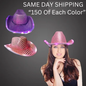 Pink & Purple LED Light Up Flashing Sequins Cowboy Hats - Pack of 300 - Picture 1 of 5