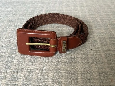 Talbots Y2K Brown Leather Braided Belt Womens Size: M Covered Buckle Woven 1" - Image 1 of 4