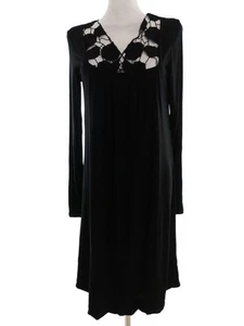 Morgan Size L Black Midi Shift Dress Viscose Long Sleeve Lace Embroidery - Picture 1 of 5