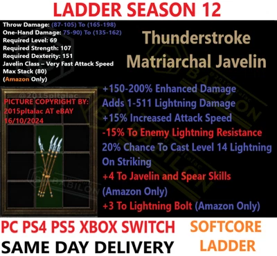 ✅ PC PS4 PS5 XBOX SWITCH✅LADDER Thunderstroke 4sk DIABLO 2 RESURRECTED D2R ITEMS - Image 1 of 2