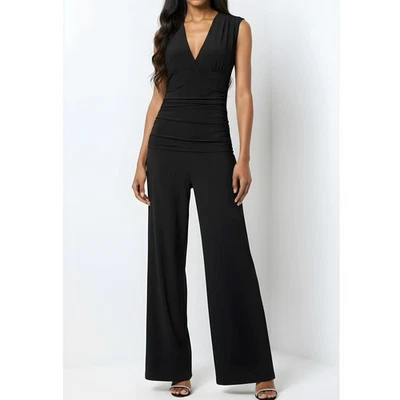 NUEVO CON ETIQUETAS NORMA KAMALI Mono Sin Mangas Cuello en V Cintura Fruncida Pierna Recta, Negro, S Foto 1 de 4