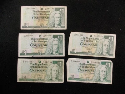 Lote de 5 billetes de una libra del Royal Bank of Scotland años 90 Foto 1 de 2