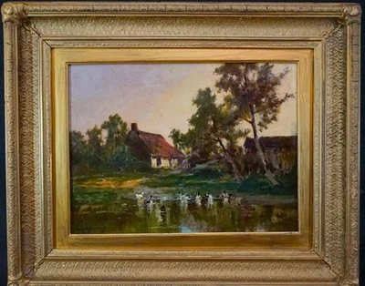 c1880 SJ REMINGTON AMERICAN SCHOOL DUCKS OLD COTTAGE SUNSET Antique Oil Painting - Image 1 of 4