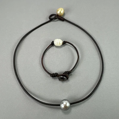 Leather Cord Necklace & Bracelet Set of 2- Single Pearl w/ Silver Bead Accent - Image 1 of 4