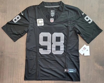 Camiseta deportiva YOUTH Maxx Crosby #98 Raiders cosida en casa negra F.U.S.E con parche C nueva con etiquetas Foto 1 de 4