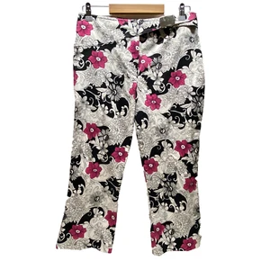 Mixit Capri Pants Wonen's 10 White Black Pink Floral Belted Stretch Fashion EUC - Picture 1 of 12