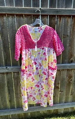 Antigo Vestido de Casa Floral Bobbie Brooks Corpete Smocked 2 Lg Bolsos Tamanho G (14-16) - Imagem 1 de 4