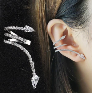 Women 18k white gold CZ snake A Pair Stud Earrings ear cuff climber Box PE37 - Picture 1 of 8