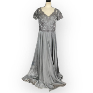 La Femme Embroidered Lace & Chiffon A-Line Gown Women's 10 Gray Maxi FLAWED