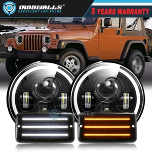 7" LED Headlight + Front Turn Signal Light Smoked For Jeep Wrangler TJ 1997-2006 - Picture 1 of 12