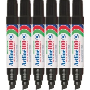 6x ARTLINE 100 PERMANENT MARKER 7.5-12mm Xylene Free CHISEL NIB Black Color - Picture 1 of 4